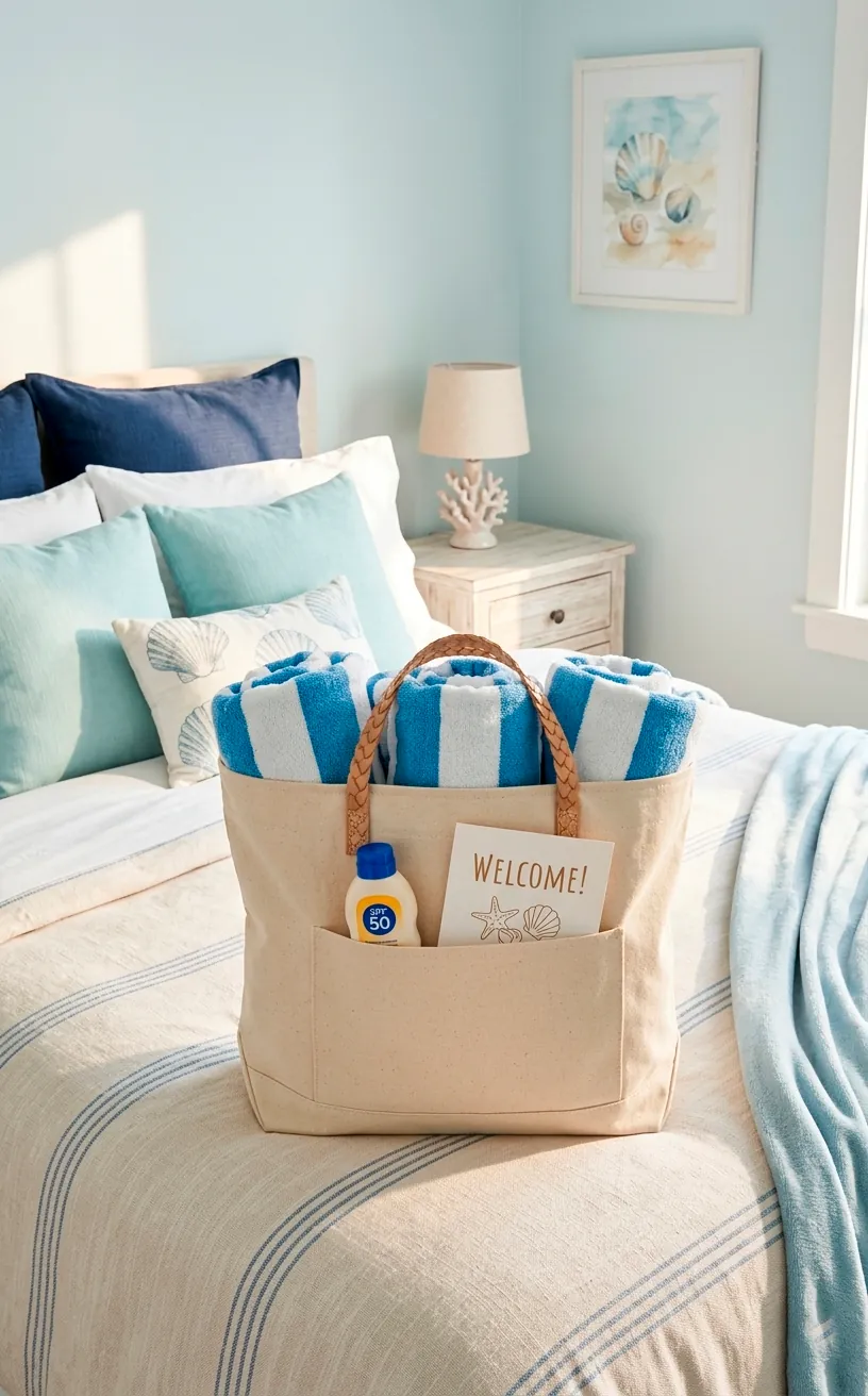 Canvas beach bag welcome kit with striped towels on a guest bed.