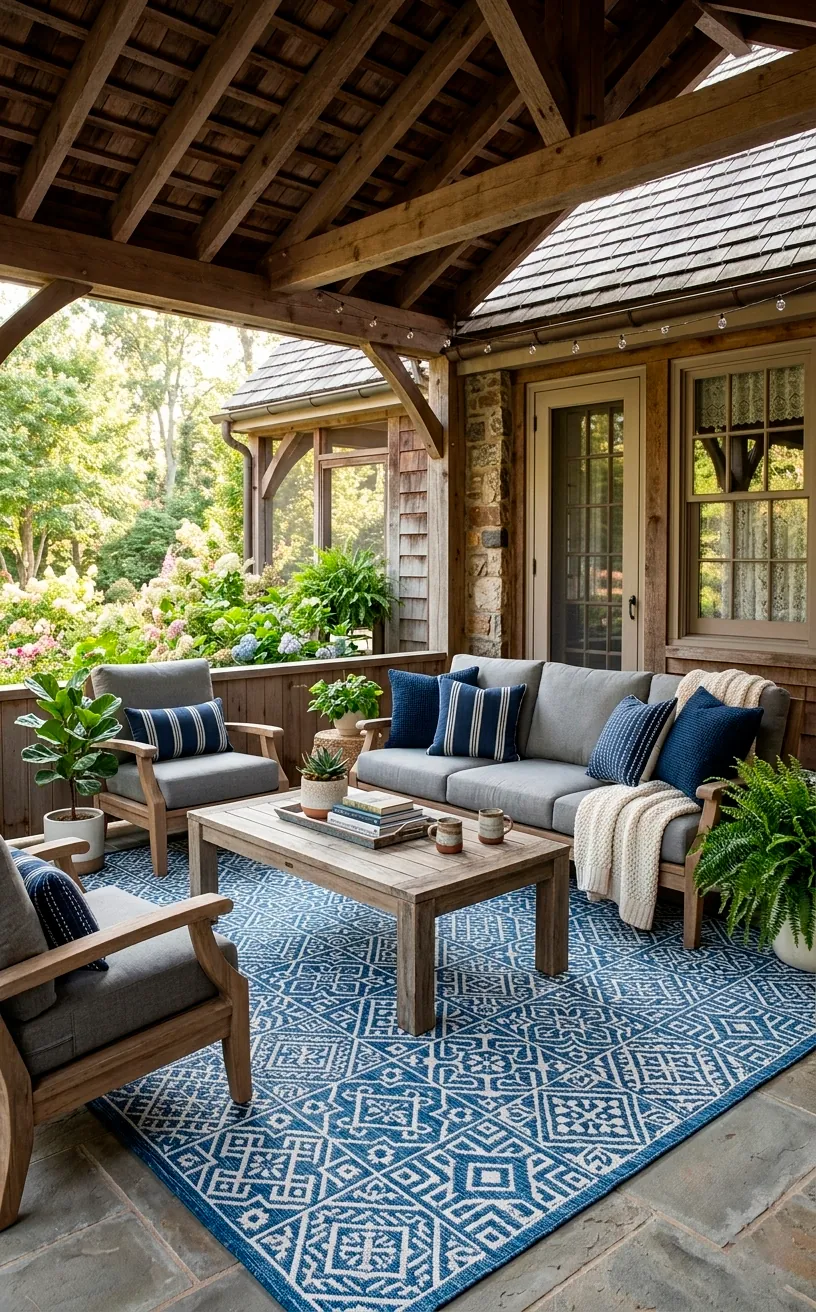 Cozy outdoor living room with a geometric rug, teak table, and plush pillows.