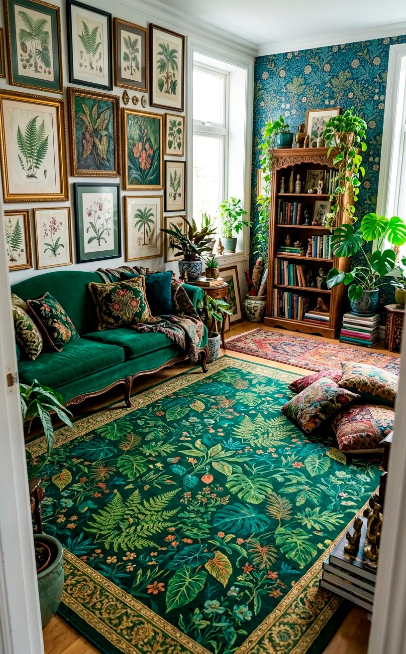 Maximalist living room with a forest green botanical print wool rug.