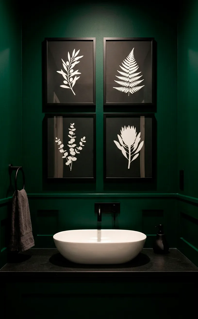 White botanical silhouettes on a dark emerald green wall.