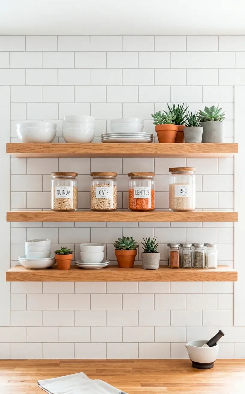 Open wood shelving in a bright kitchen with white dishes.