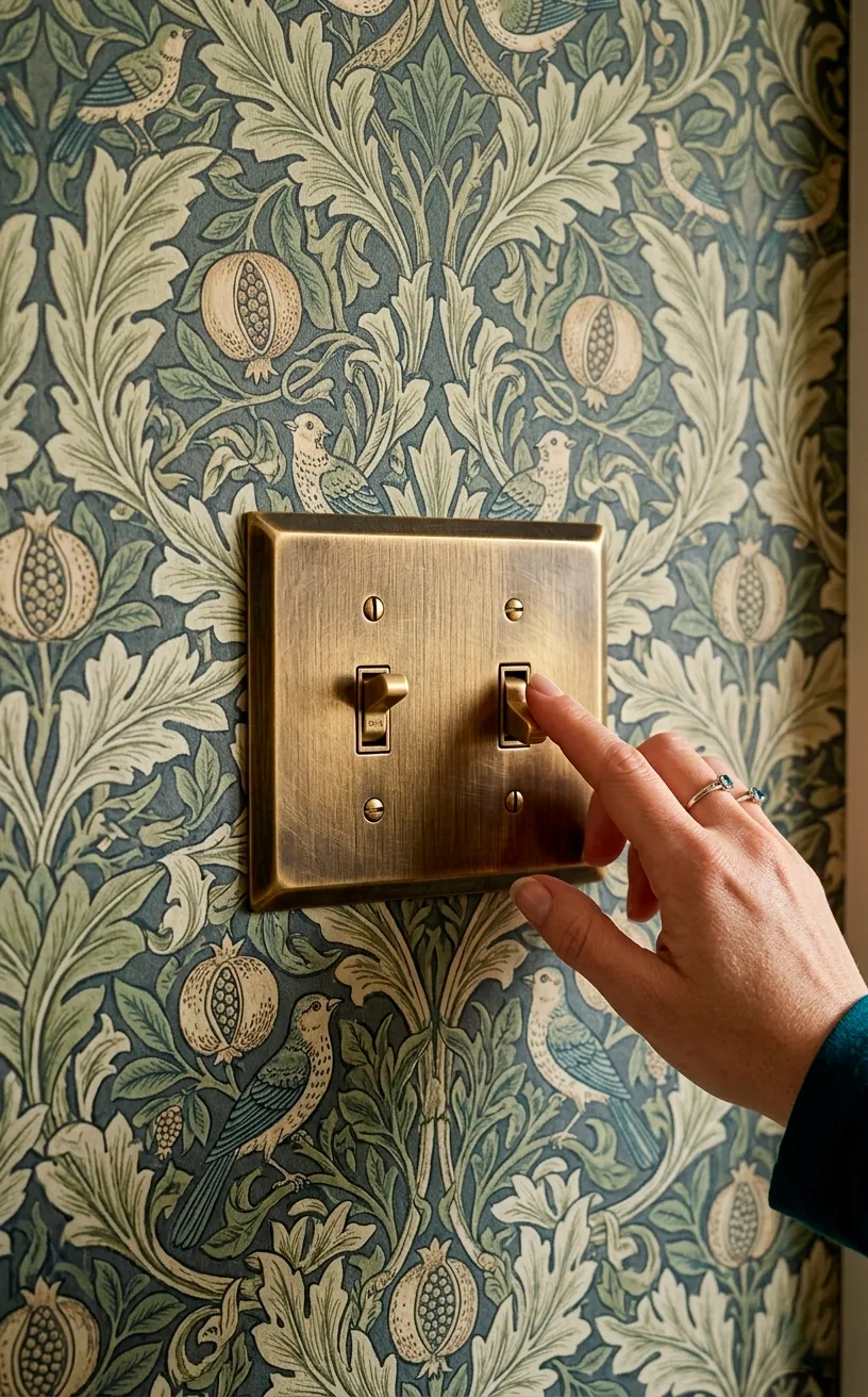 Brushed brass double light switch plate on a decorative kitchen wallpaper wall.