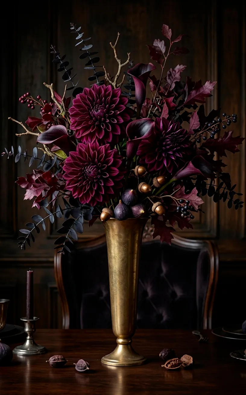Dramatic centerpiece with plum dahlias and calla lilies in a gold vase.