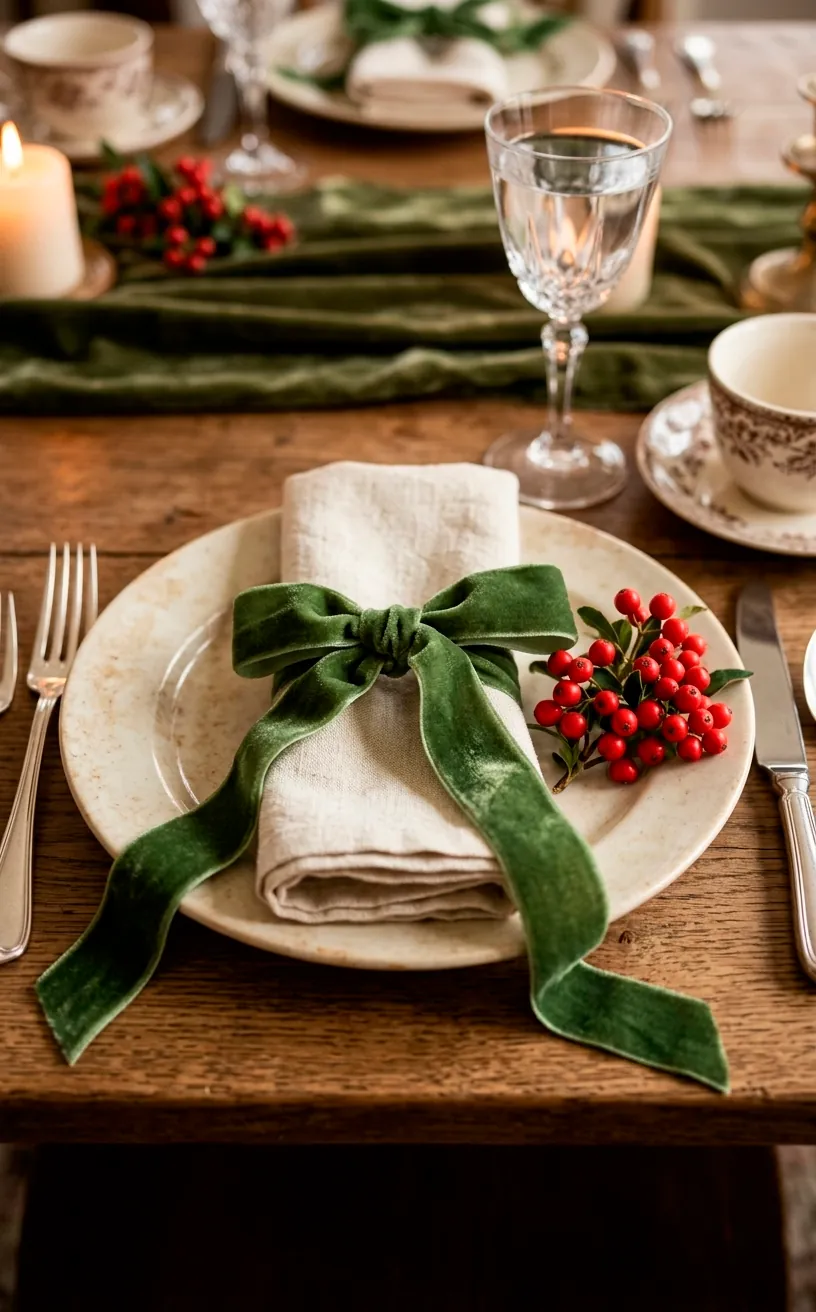 Place setting with a forest green velvet ribbon tied around a linen napkin.