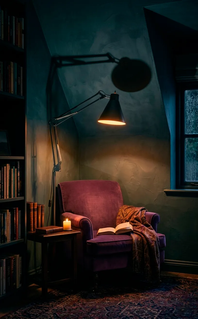Charcoal floor lamp lighting a plum armchair in a dark room.