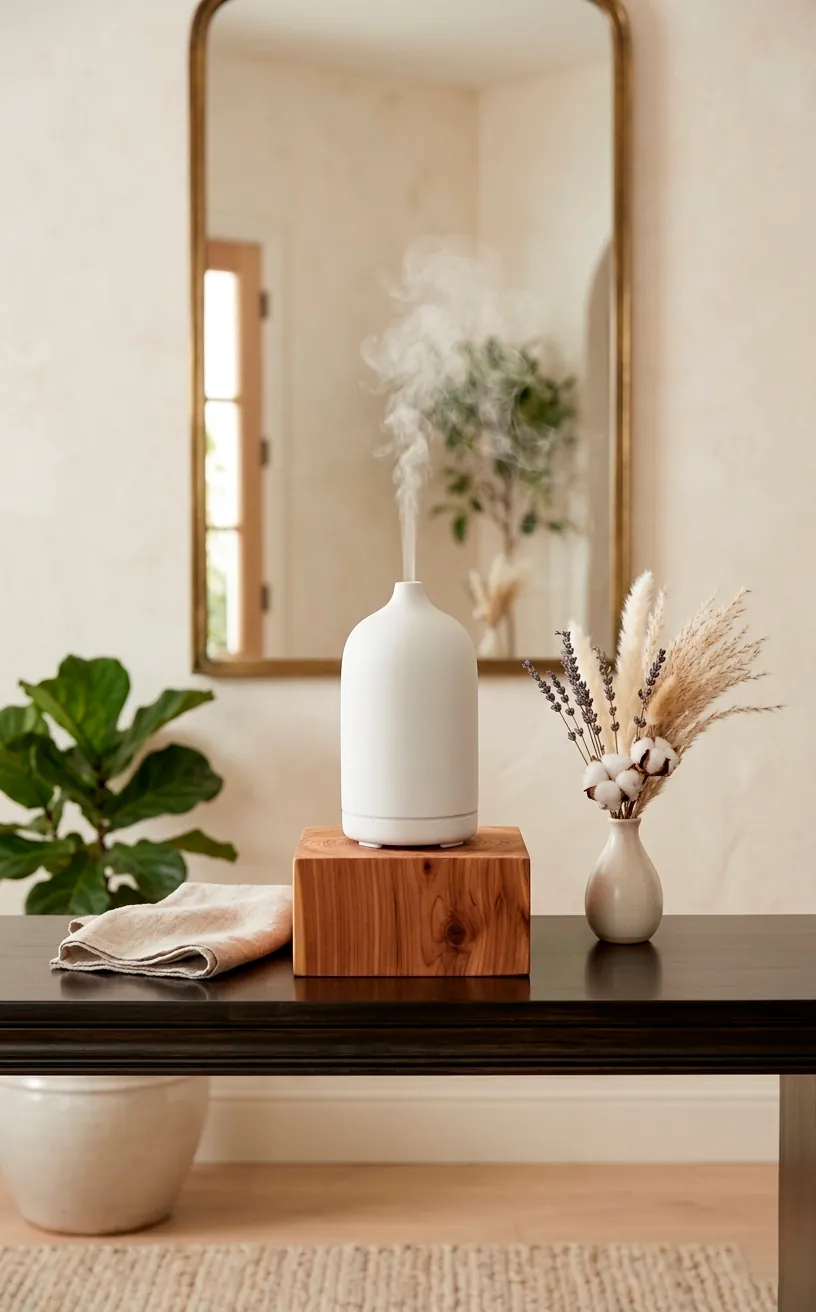 A white oil diffuser on a rustic cedar wood block pedestal.