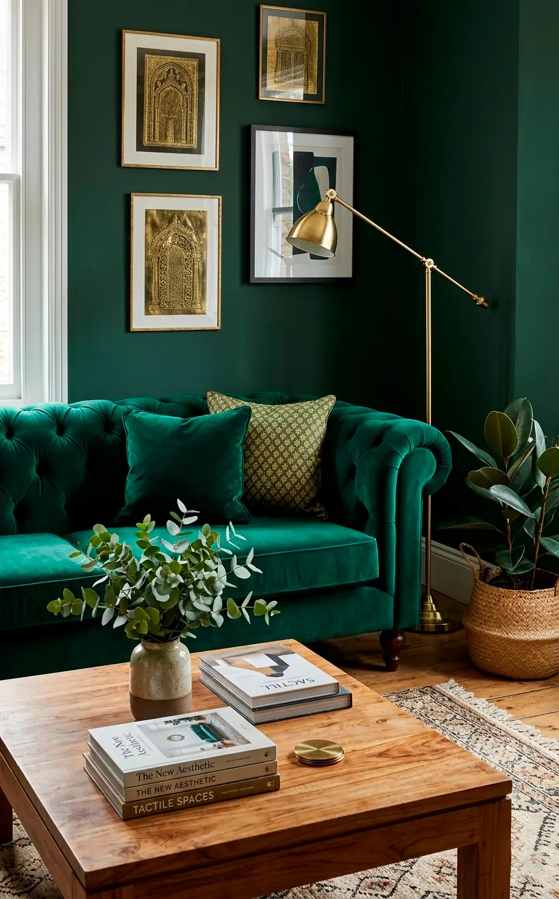 Emerald green velvet sofa with a large teak coffee table and gold lamp.