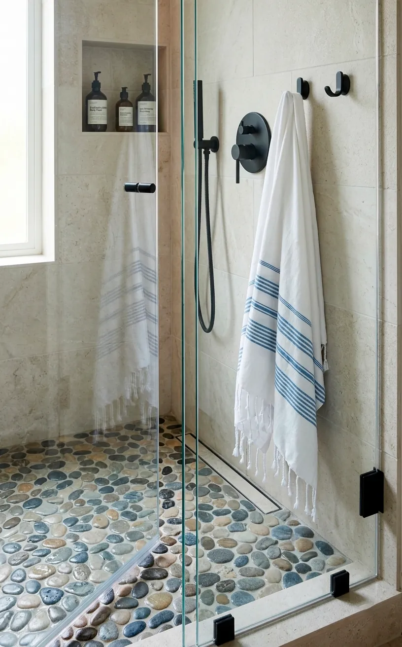 Striped Turkish towel hanging in a spa-like coastal bathroom.
