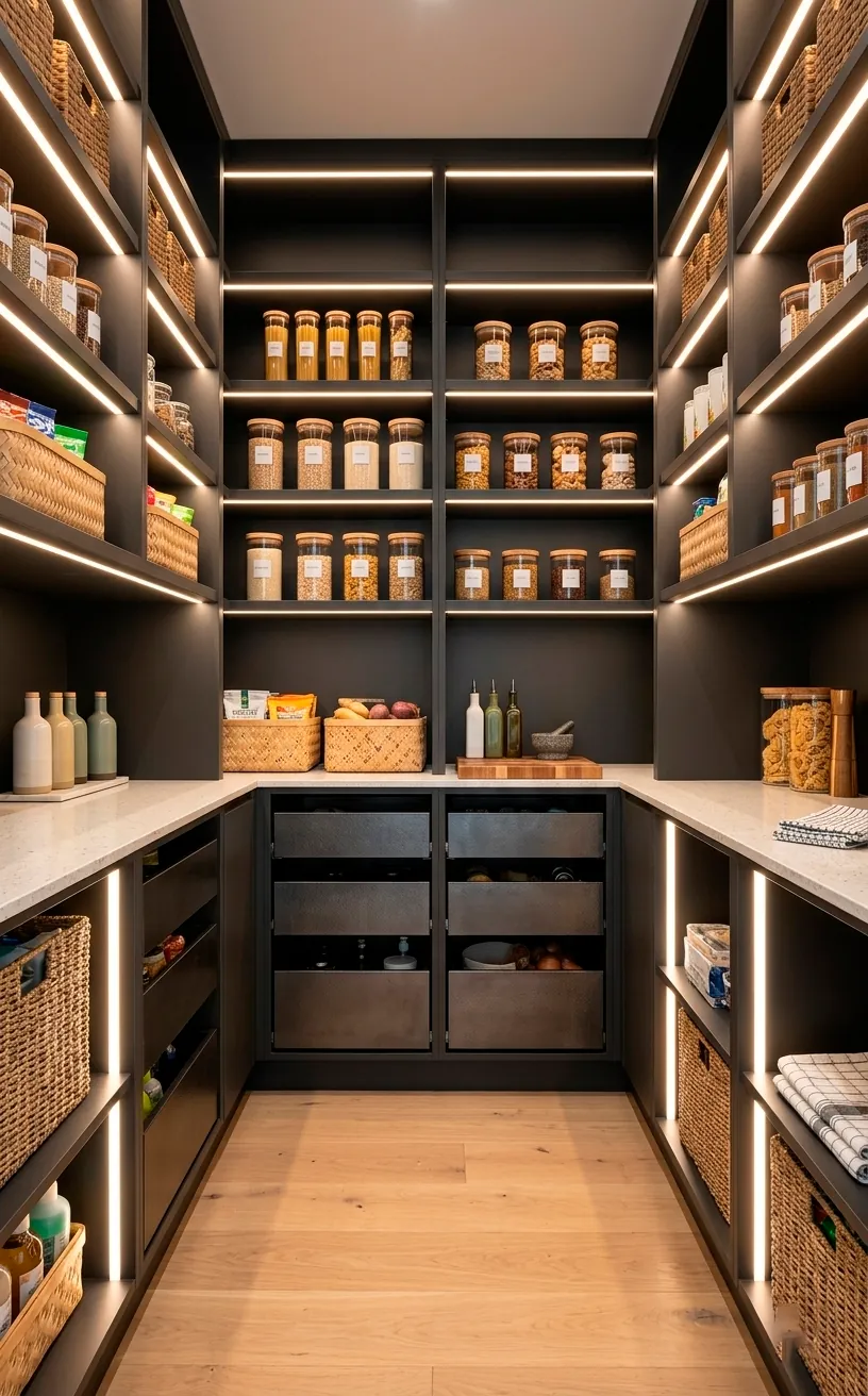 Modern pantry with warm LED under-shelf lighting and organized jars.