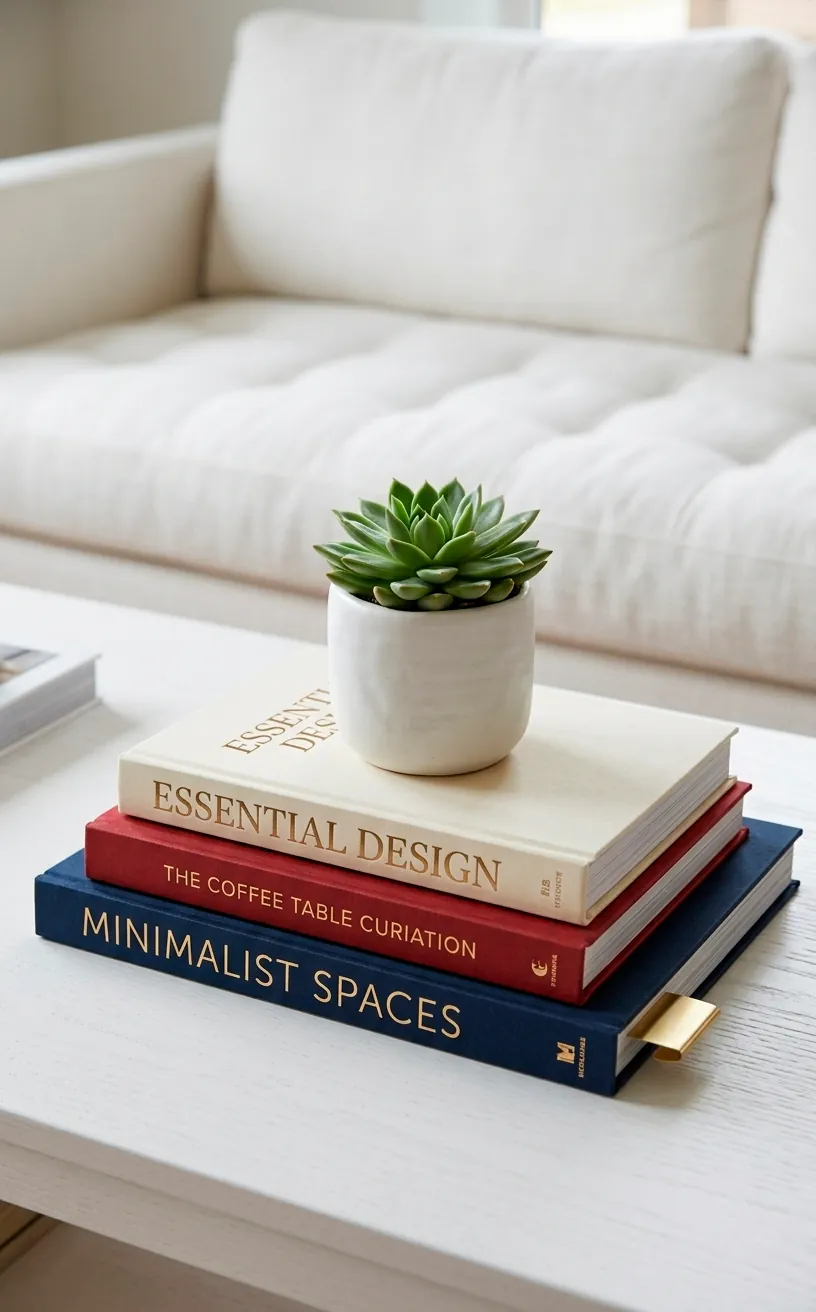 Curated book stack with red, white, and blue spines on a coffee table.