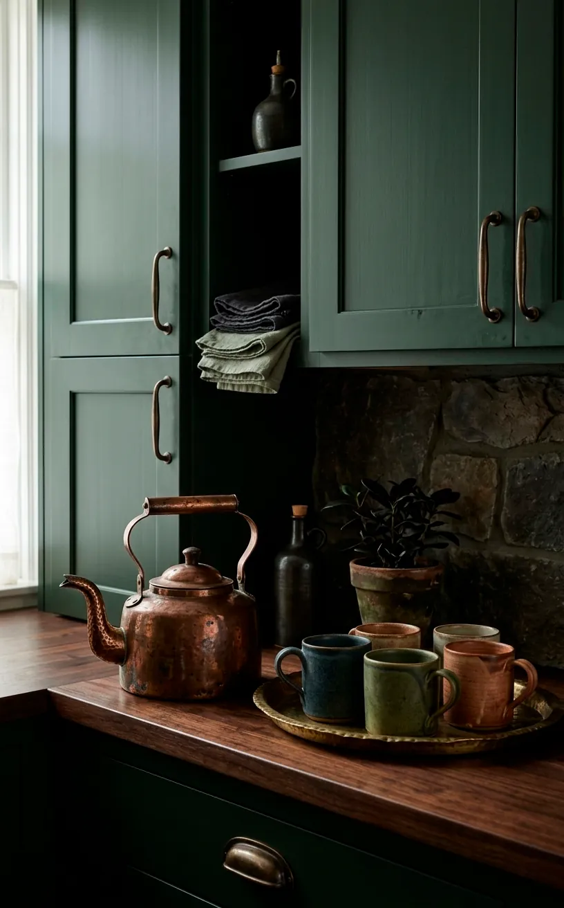 Antique copper kettle and brass tray on a dark wood kitchen counter.