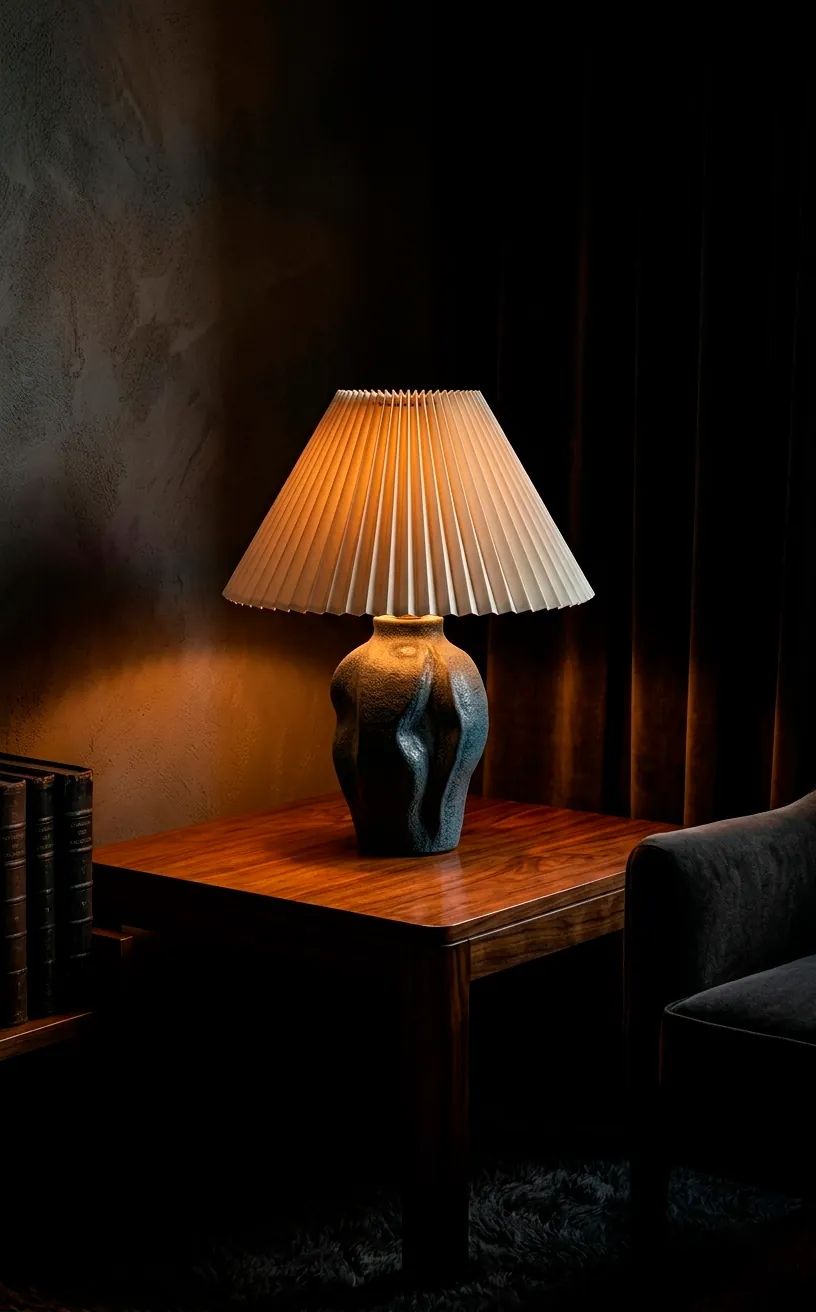 Sculptural ceramic table lamp with pleated shade casting warm amber light.