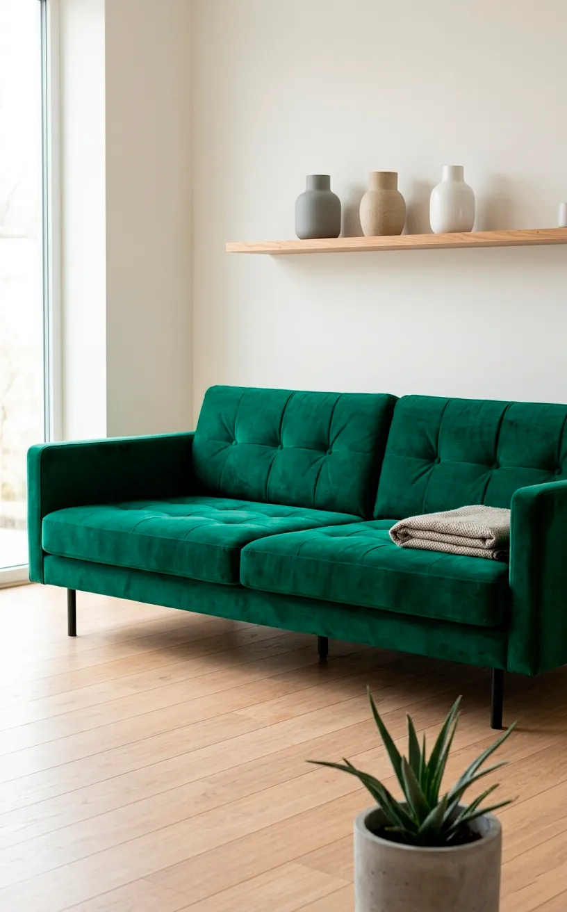 A minimalist emerald velvet sofa with black legs in a bright Scandinavian-style room.