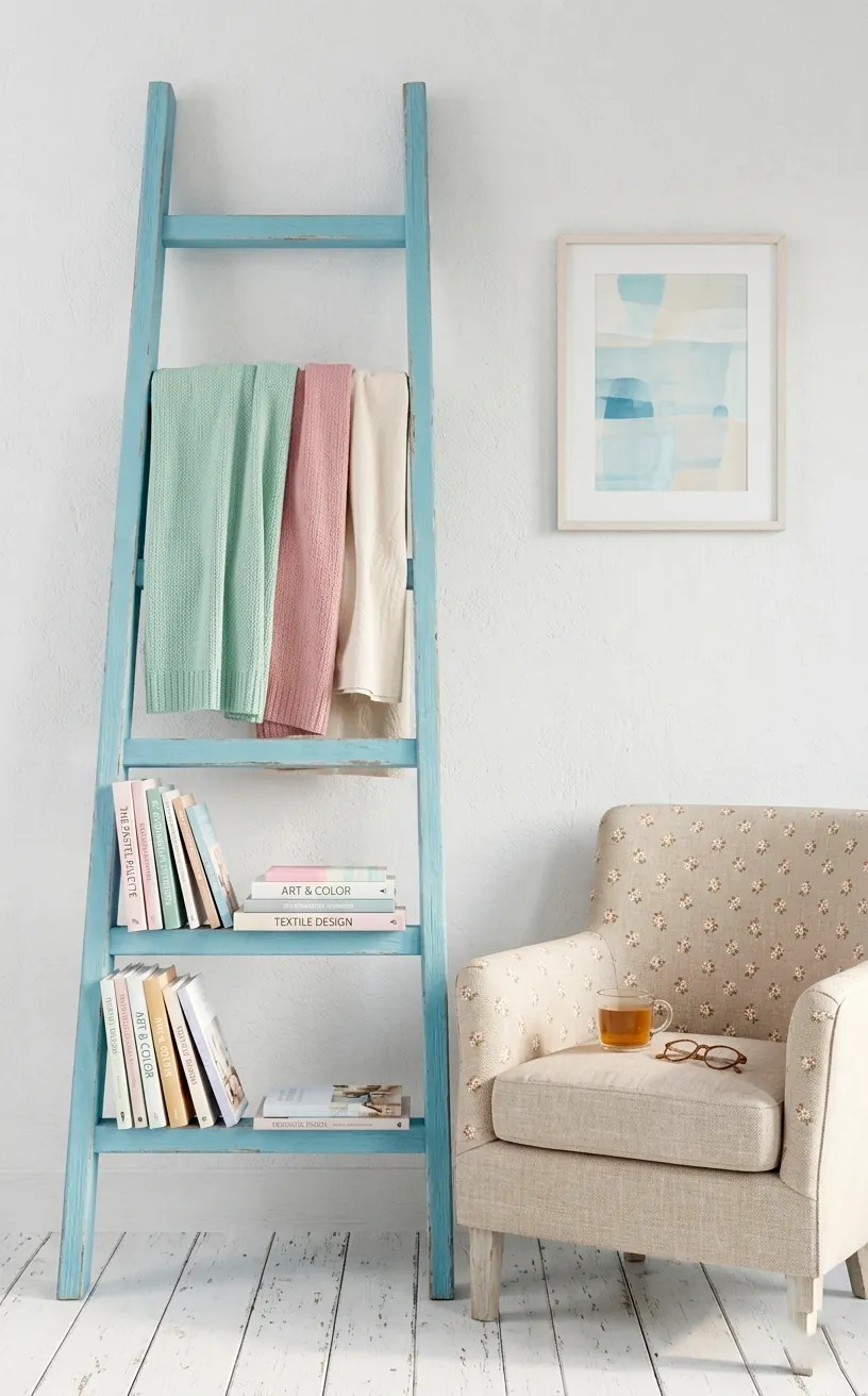 Sky blue decorative ladder used for books and blankets in a pastel reading nook.
