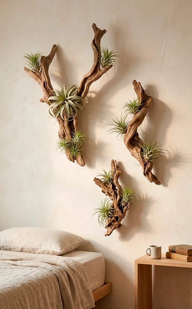 Minimalist bedroom wall with driftwood and air plant sculptures in soft morning light.