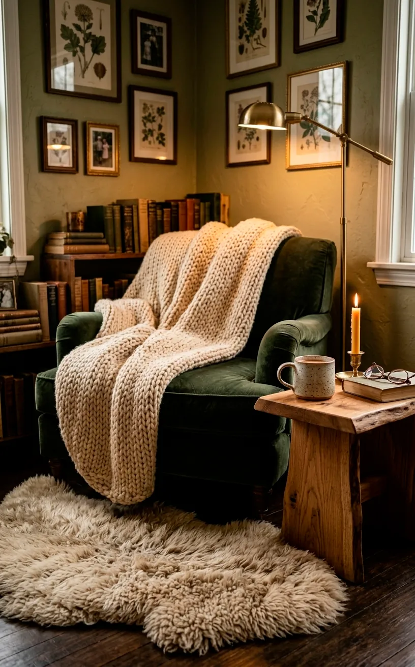 Cozy reading nook with chunky knit throw and sheepskin rug.