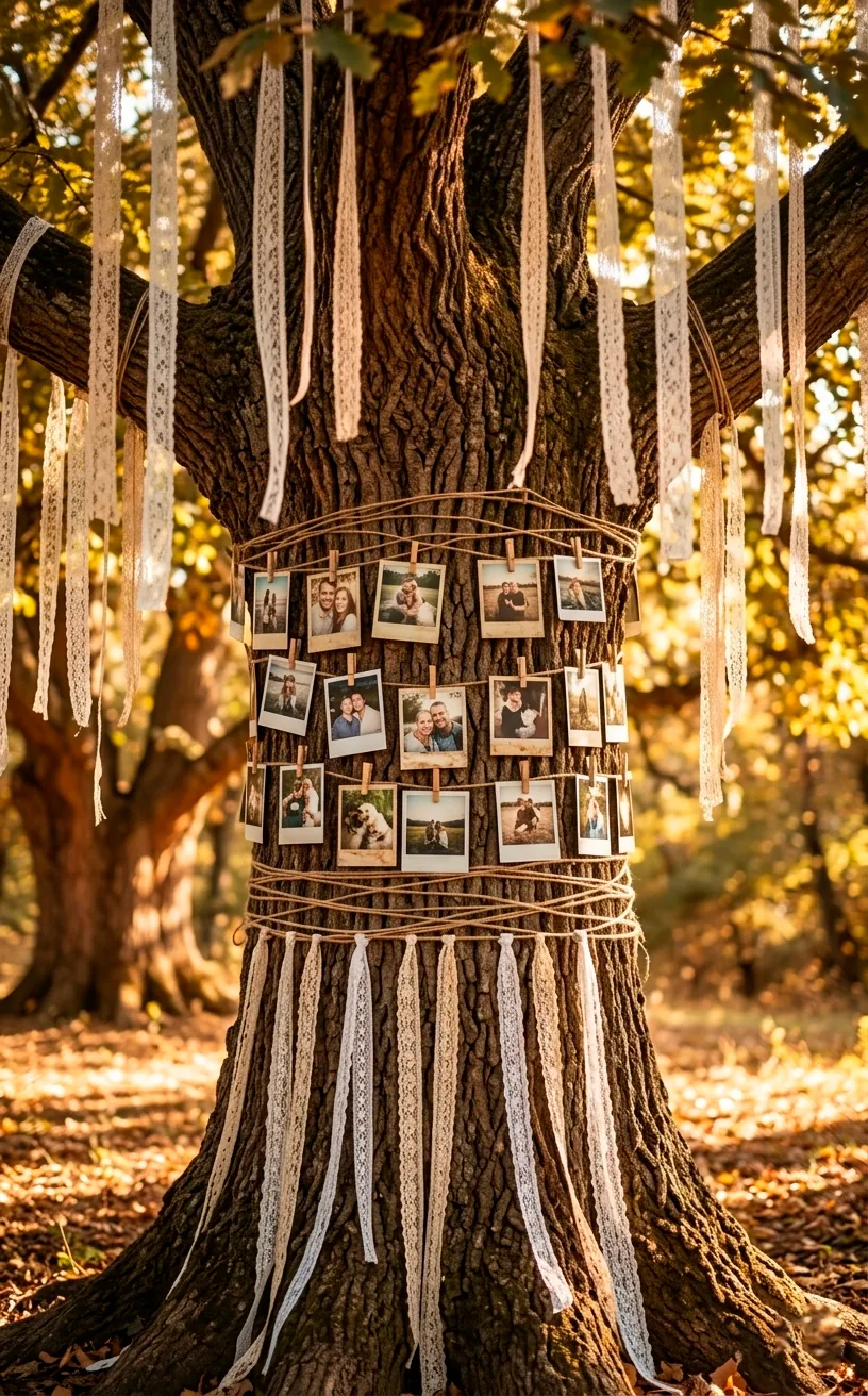 Wedding memory tree with photos and lace ribbons hanging from branches in a backyard.