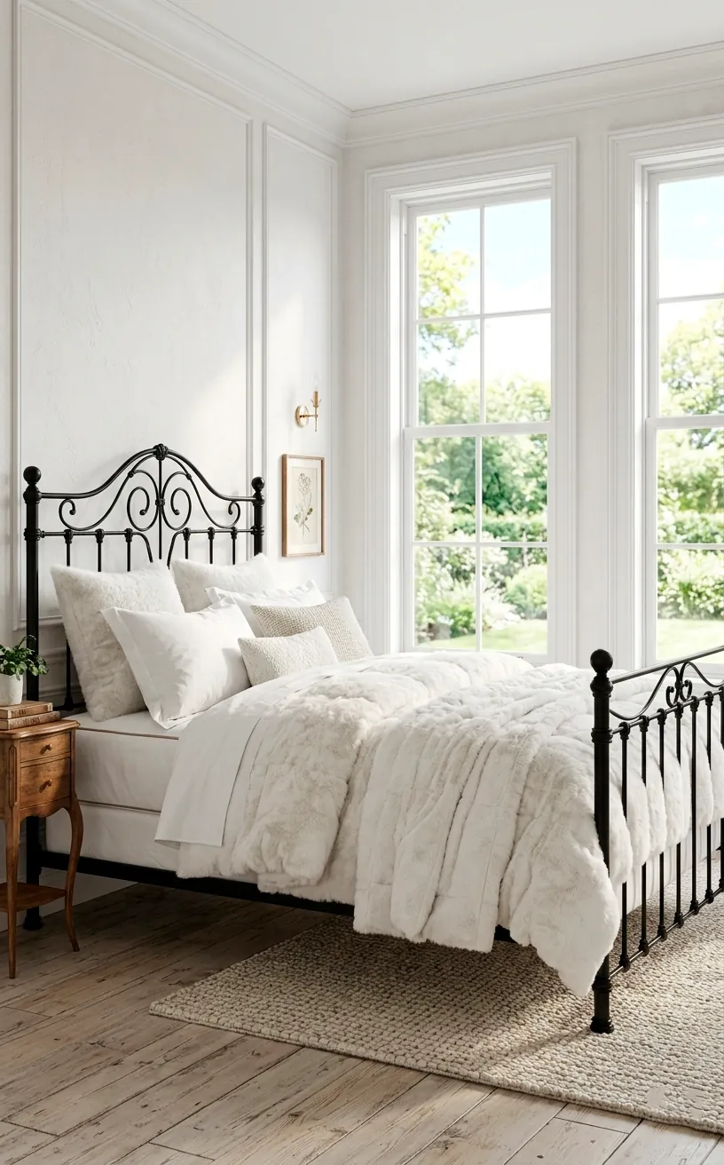 Black wrought iron bed frame with white fluffy bedding.