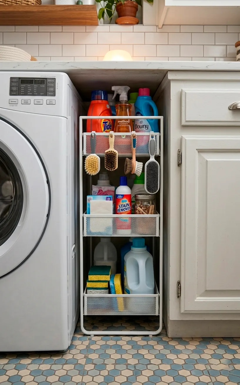 Slim slide-out storage cart tucked between a washing machine and a wall.