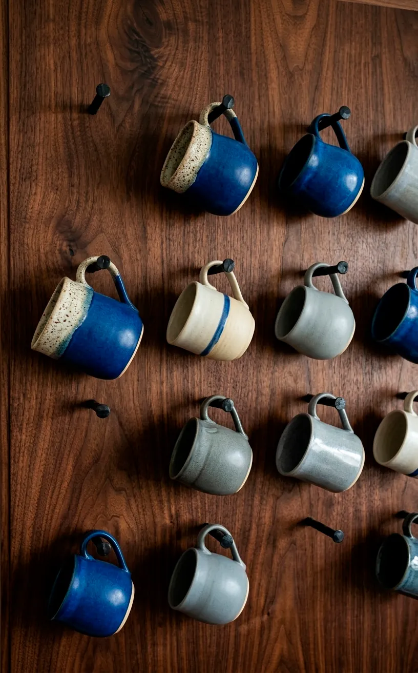 Wall-mounted dark walnut mug rack with black metal pegs.