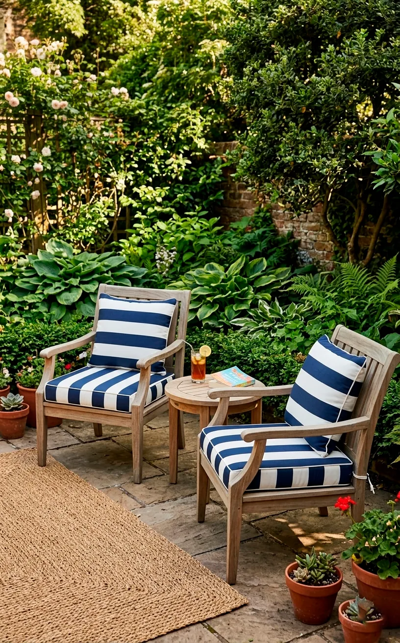 Outdoor teak furniture with classic blue and white striped cushions on a patio.