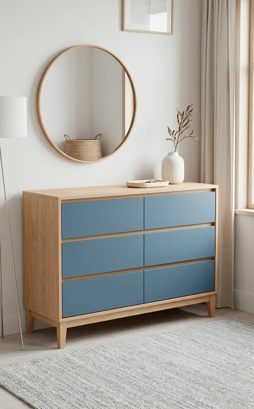 Scandi-style two-tone dresser with oak top and blue drawers.