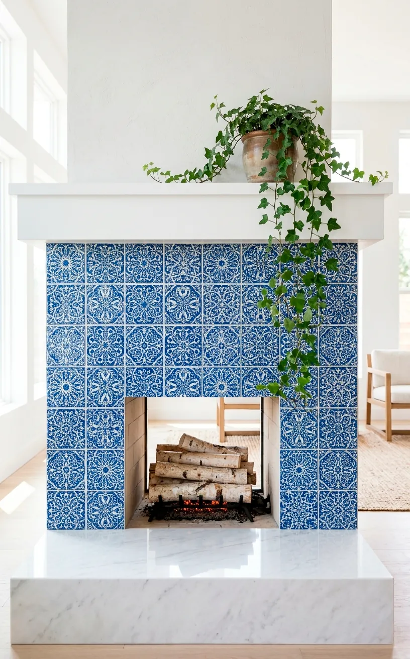 Fireplace featuring an intricate blue and white Moroccan tile surround.