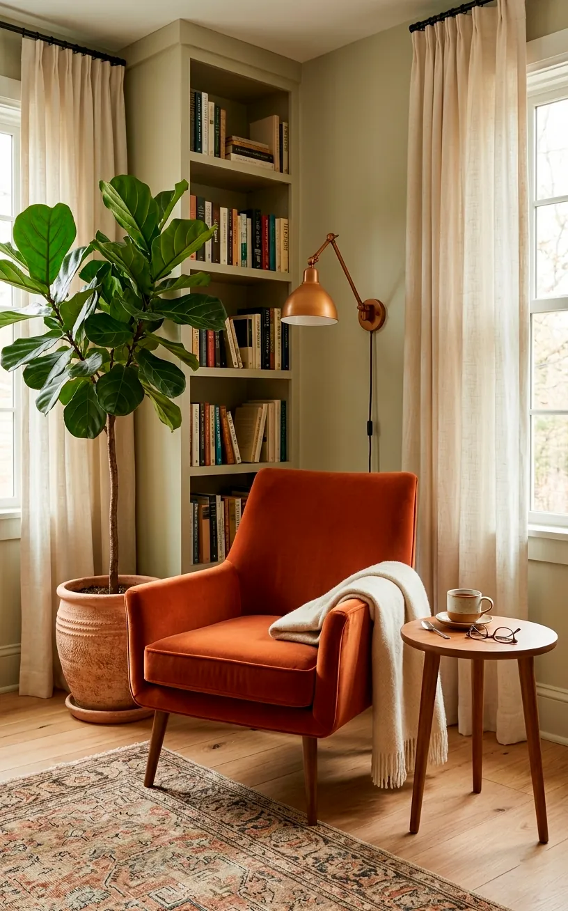 Burnt orange velvet armchair in a cozy reading nook with a wool throw.