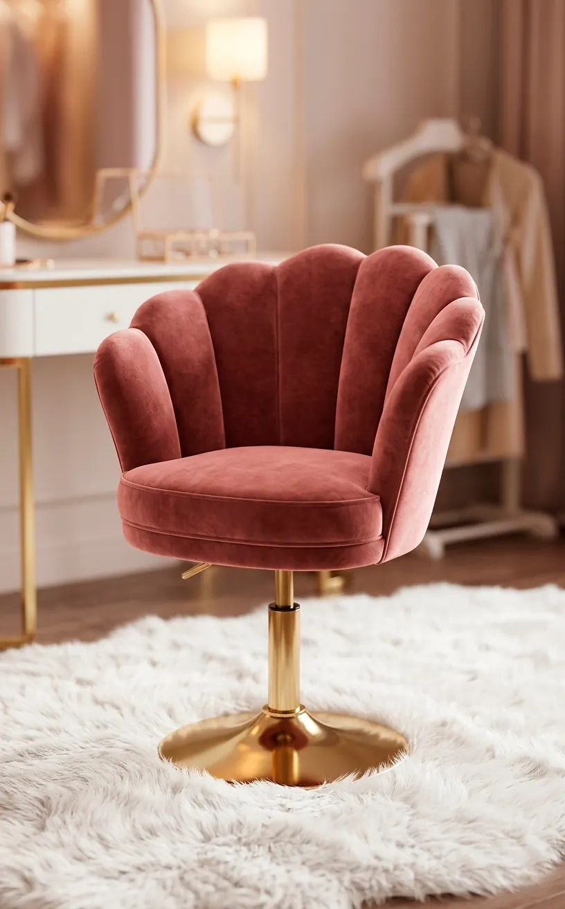 Dusty rose shell-shaped velvet stool with a gold base.