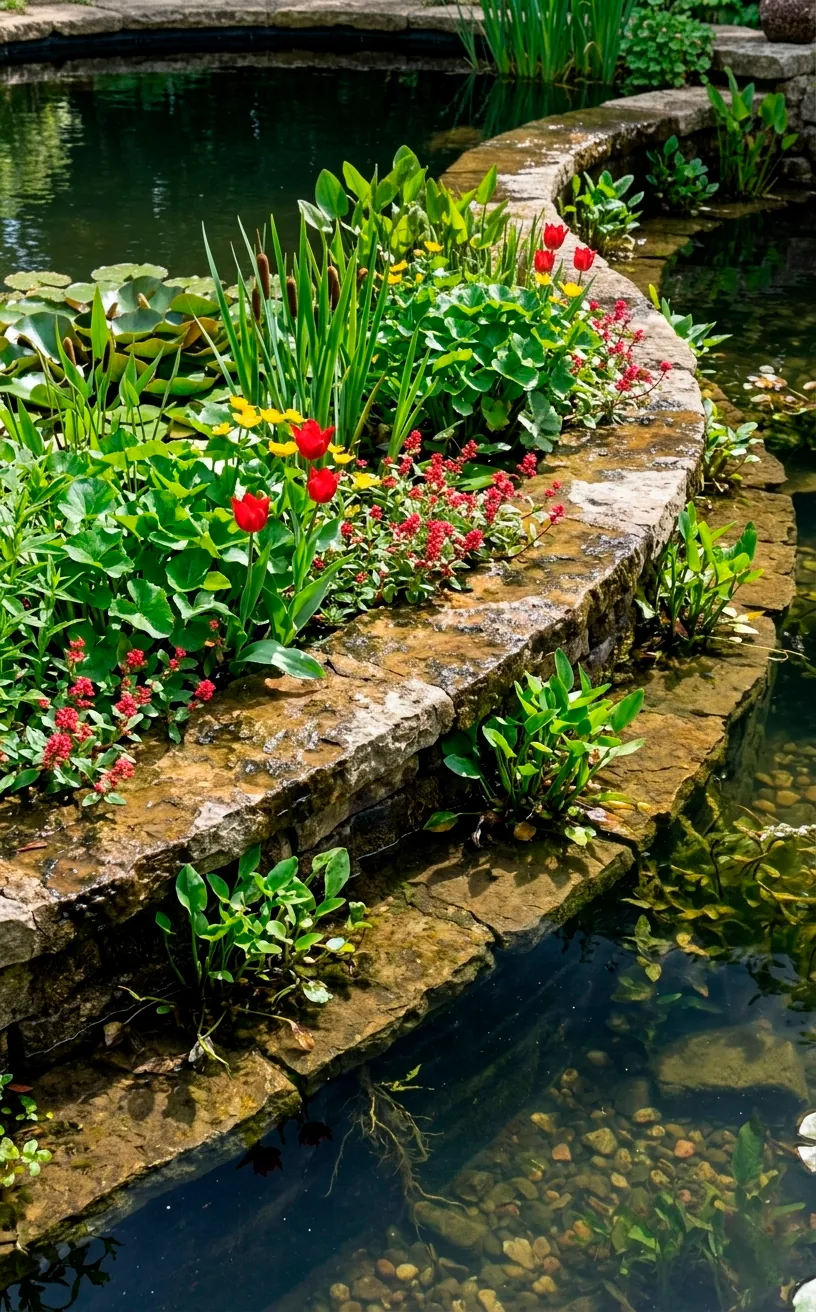 Terraced stone planting pockets inside a koi pond edge with blooming aquatic plants.