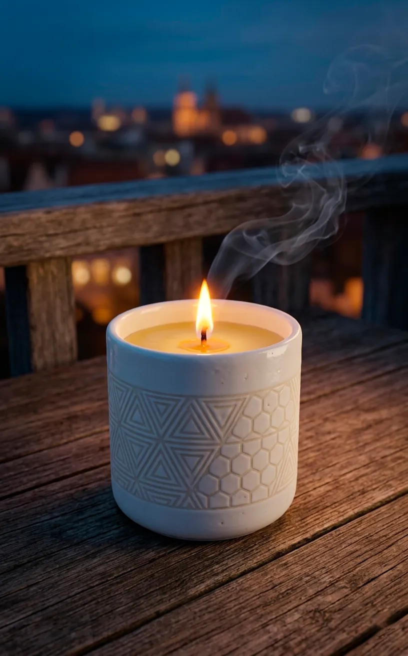 A stylish ceramic citronella candle burning on a balcony table at sunset to repel insects.