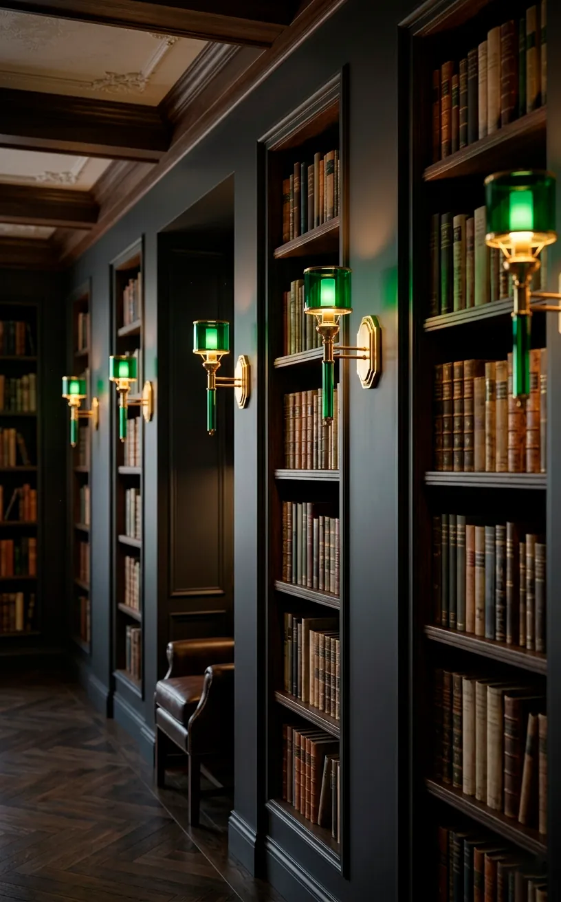 Gold and emerald green wall sconces illuminating bookshelves in a dark library.
