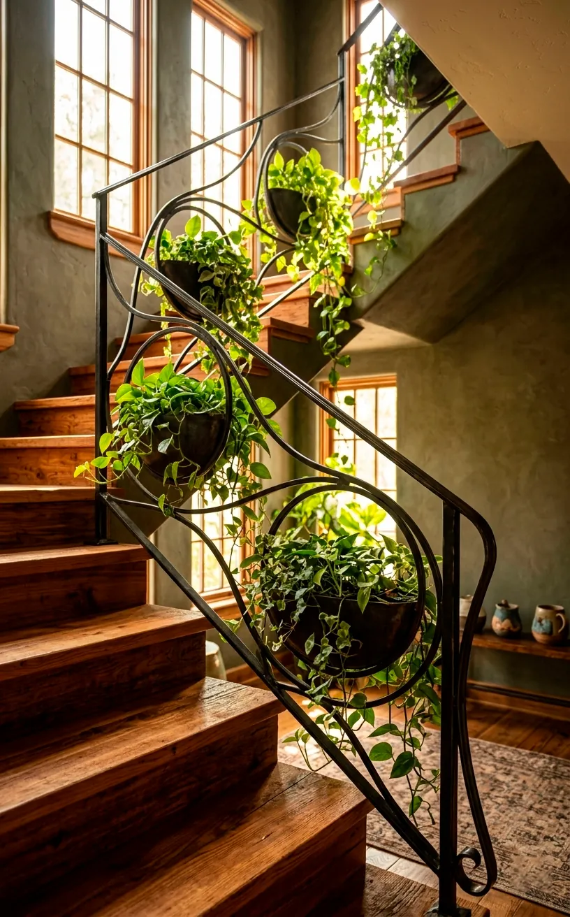 Biophilic staircase with iron railing planters and warm cedar wood treads.