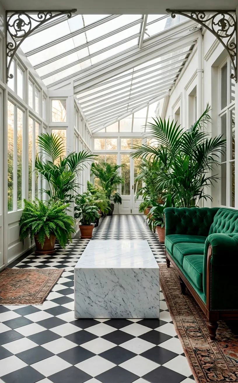 Modern white marble block coffee table in a Victorian sunroom setting.