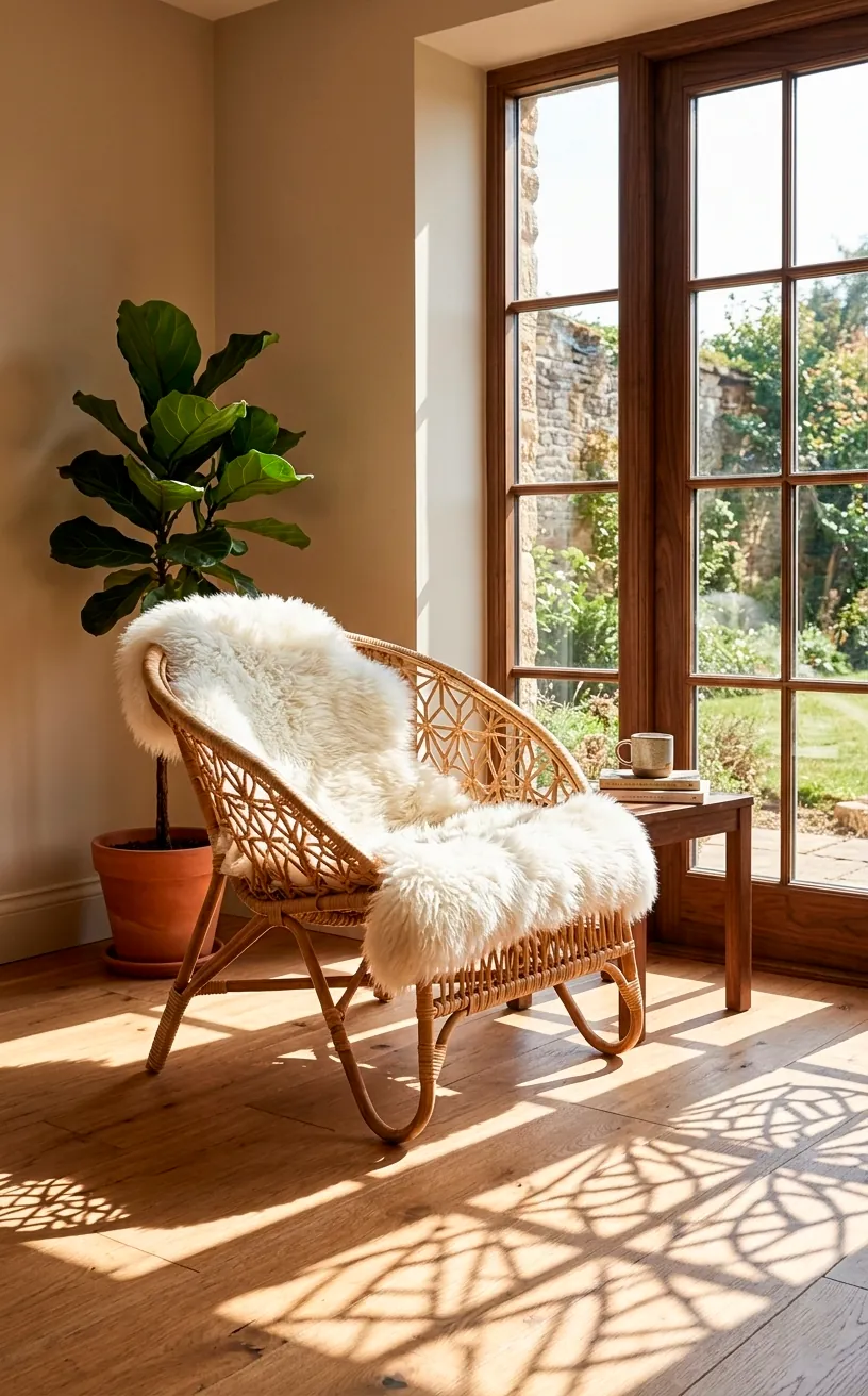 Modern rattan accent chair with a cozy sheepskin throw in a sunlit corner.