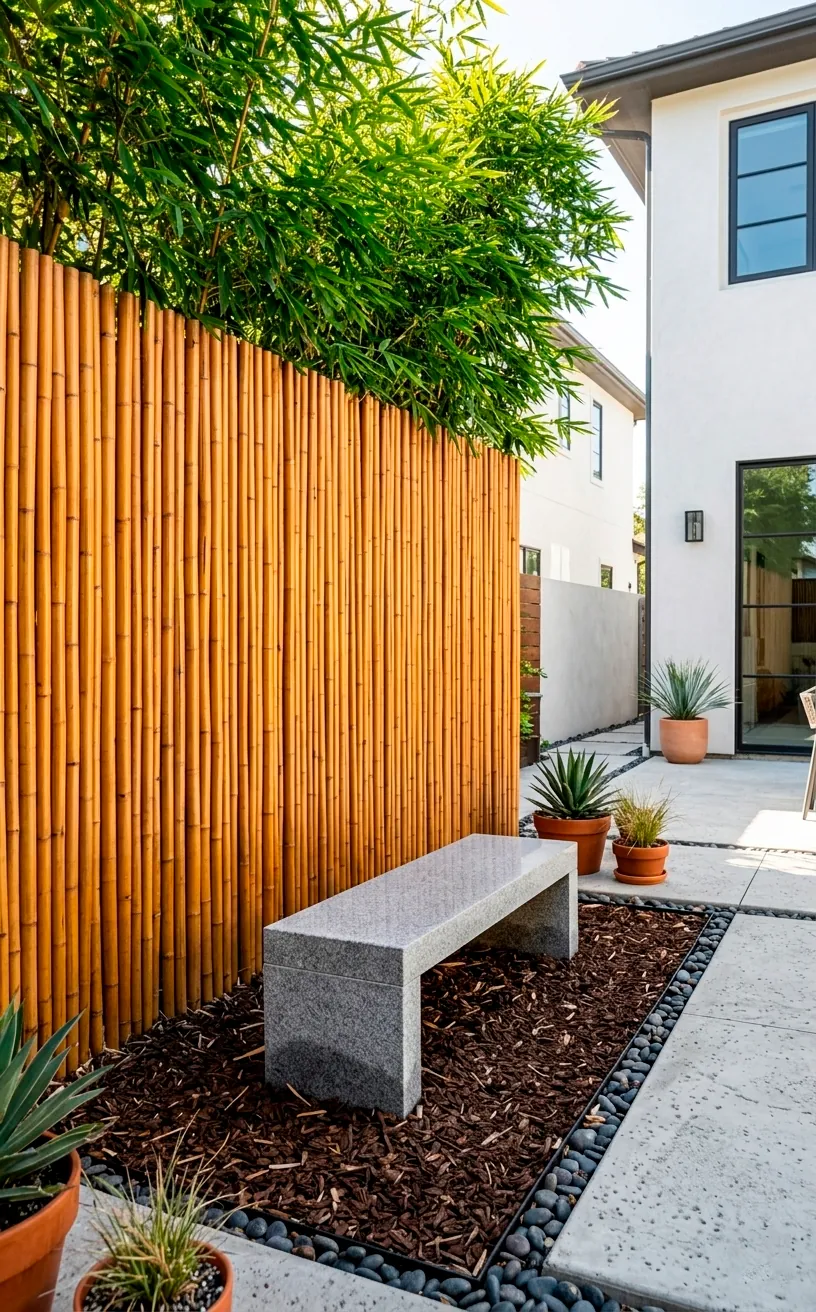 Tall bamboo privacy screen behind a minimalist stone garden bench.