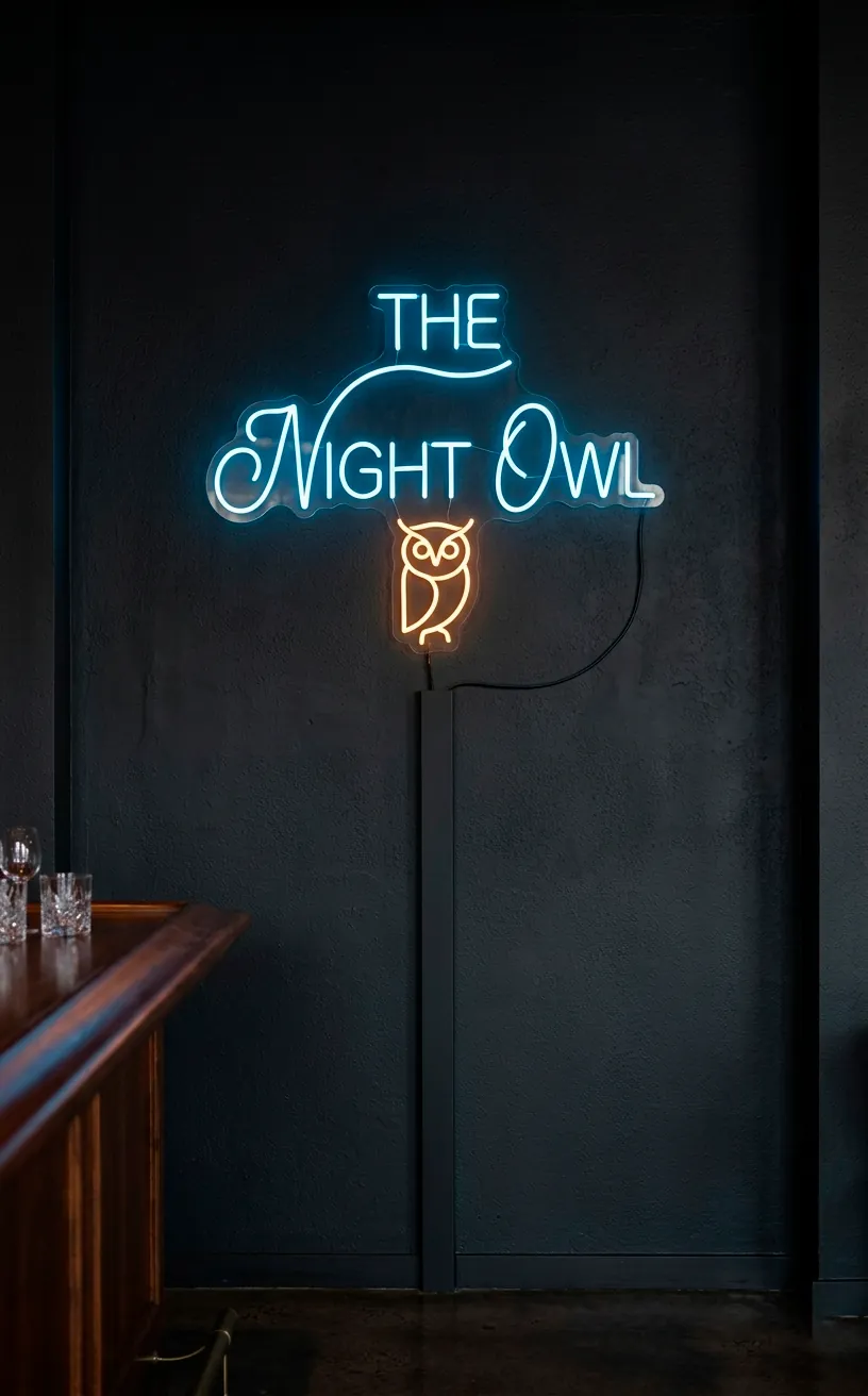 Neon sign on a dark wall with professional cable management and hidden wires.