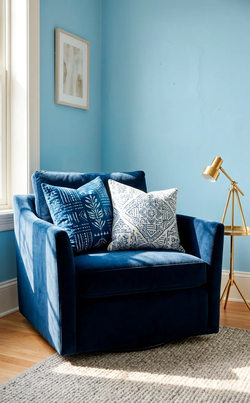 Navy blue accent chair with patterned pillows in a bright room.
