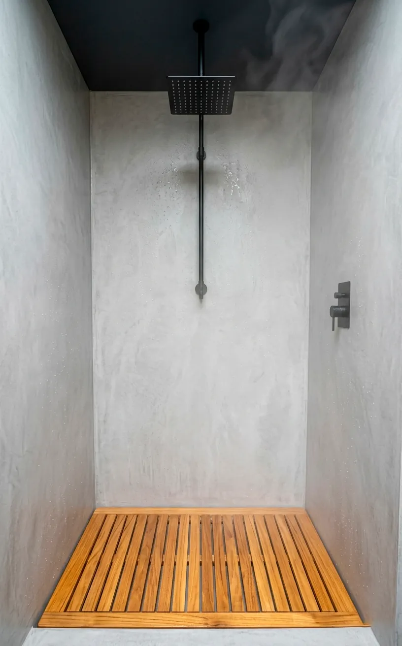 Seamless grey micro-cement shower in a van with a teak floor mat.