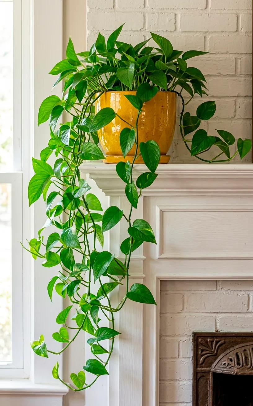 Green pothos plant in a mustard yellow pot on a white fireplace.