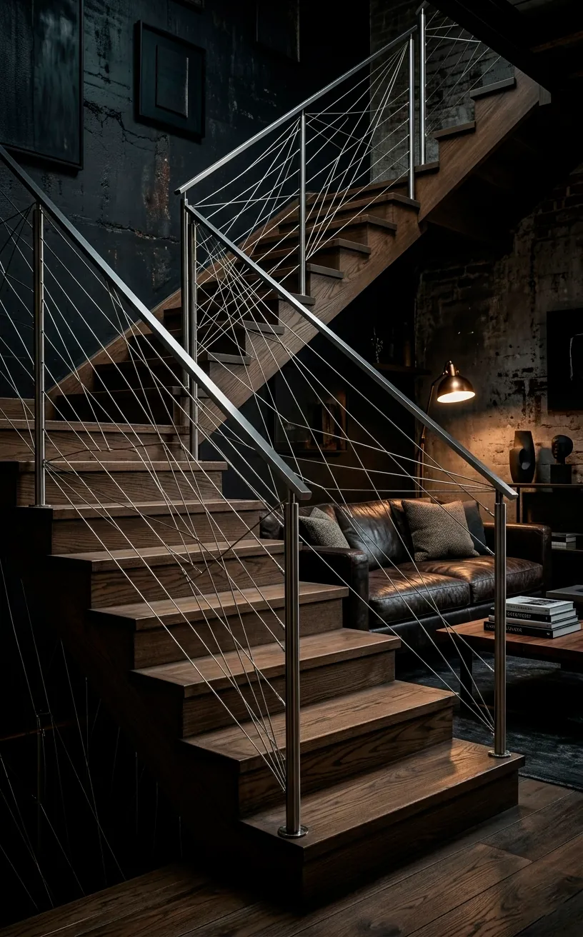 Modern staircase with diagonal stainless steel tension wire railings in a moody urban loft.