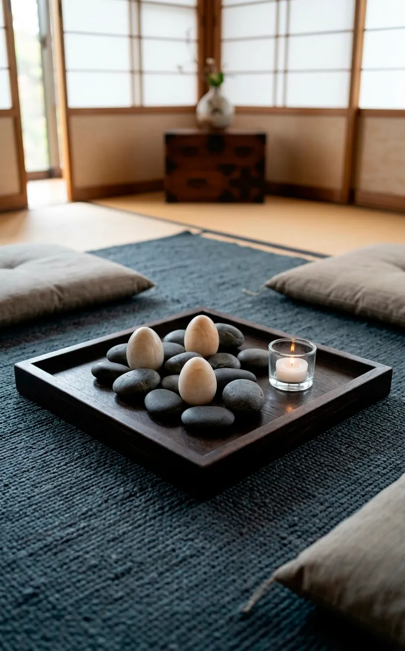 Zen-inspired stone and pebble Easter nest display on a wooden tray in a Japandi room.