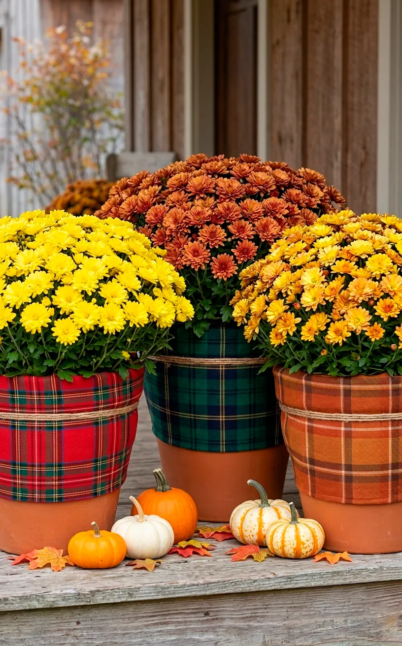 Chrysanthemums in pots wrapped in various plaid fabrics on an autumn porch.
