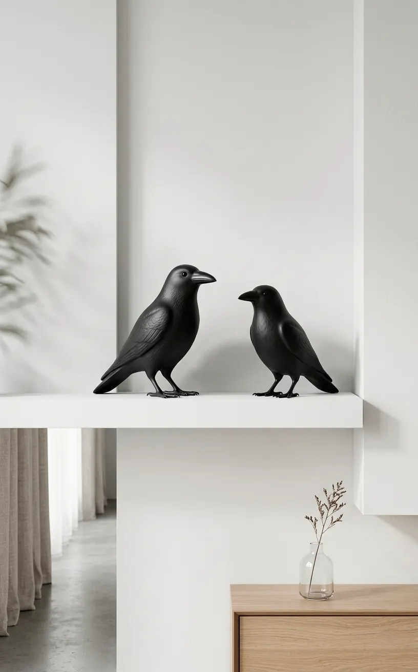 Sleek matte black porcelain crow statues on a white floating shelf in a clean room