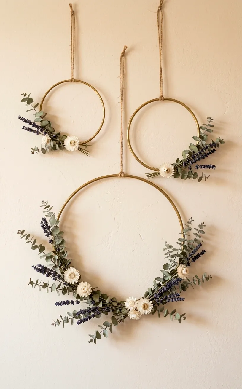 Three brass hoops with dried flowers and eucalyptus hanging on a cream bedroom wall.