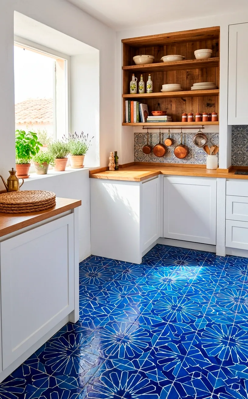 Kitchen with cobalt blue geometric tile flooring and white walls.