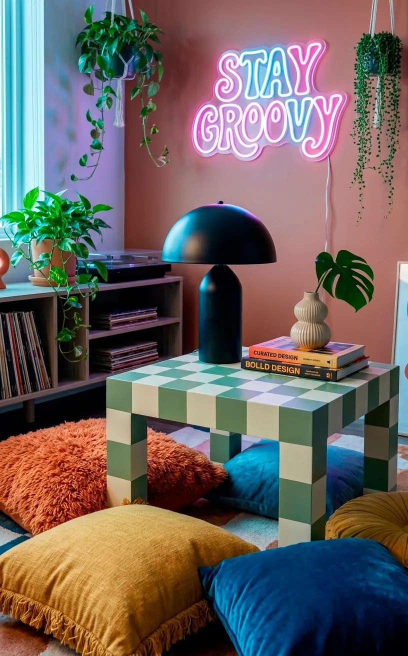 Sage green and cream oversized checkerboard side table in a trendy apartment.