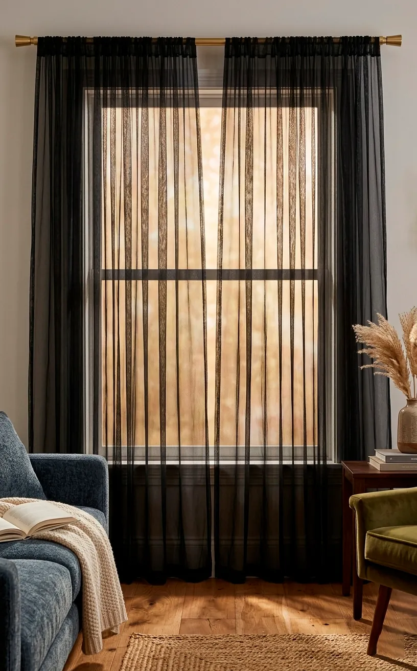 Floor-to-ceiling sheer black curtains on a gold rod with sunlight filtering through.