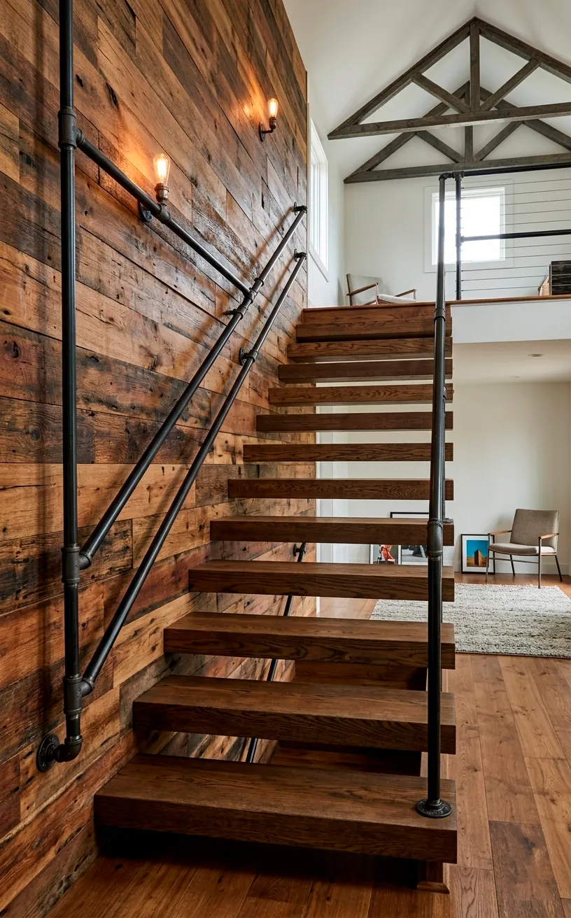 Industrial black iron pipe railing on a reclaimed wood staircase.