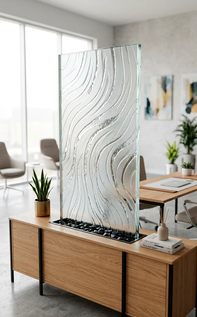 Sand-etched glass waterfall with abstract patterns on a credenza in a bright office.